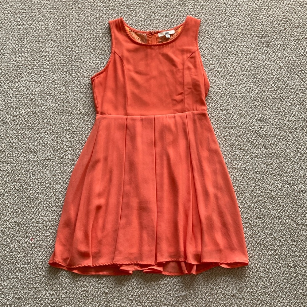 Ya Los Angeles Silk Blend Orange Fit & Flare Dress Lace Skater Size Medium EUC